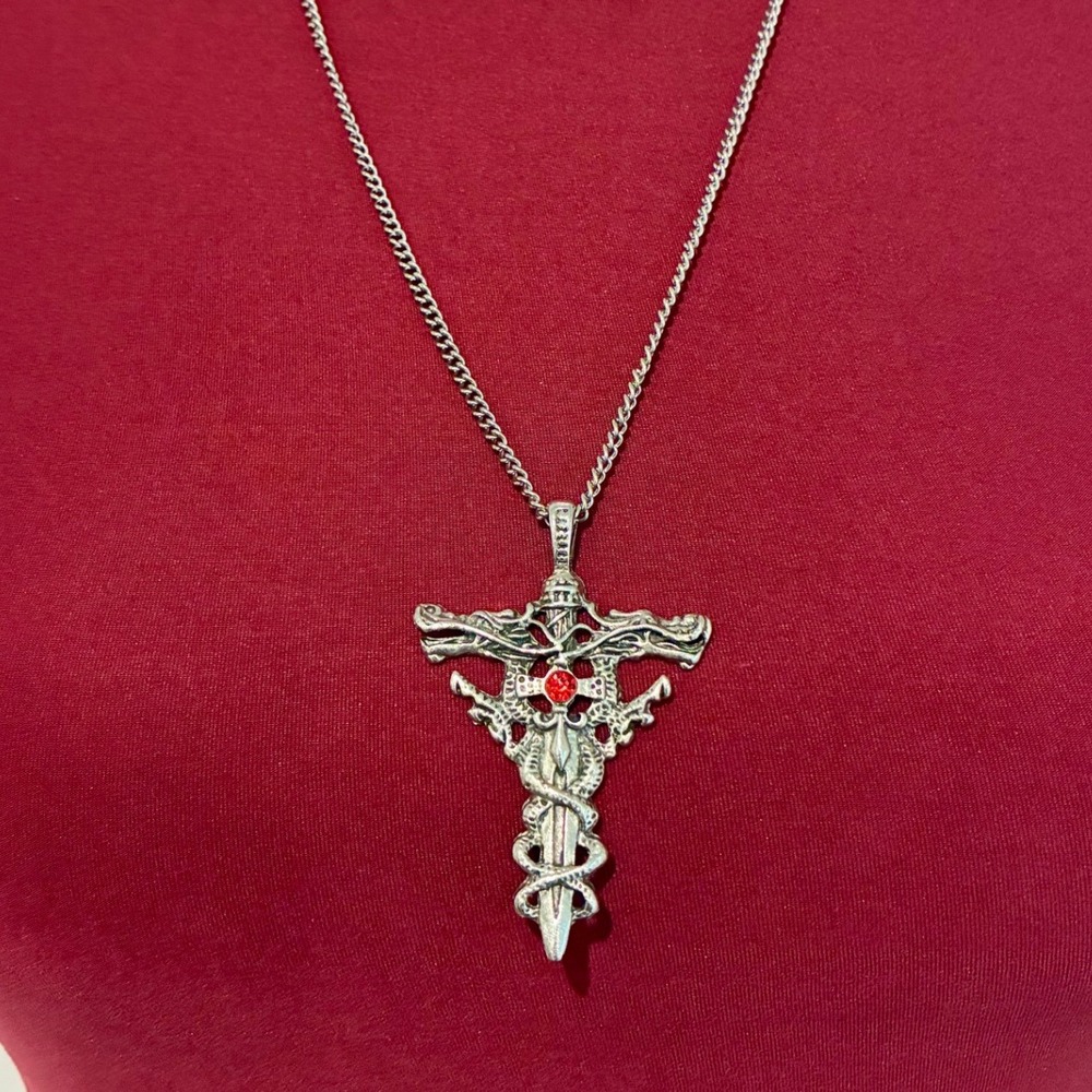 Silver Tone Sword Dragon Caduceus Pendant Necklace Red Rhinestone Gothic